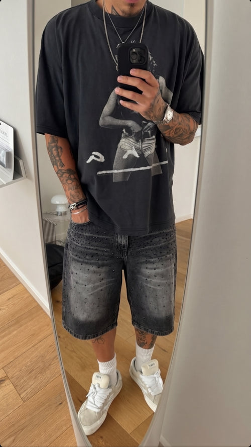 R-02 Bermuda Baggy Gris Strass Negro